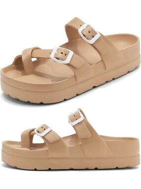 🆕 Women's Beige Strappy Toe Loop Cushion Slide Sandals EVA Waterproof Shoes